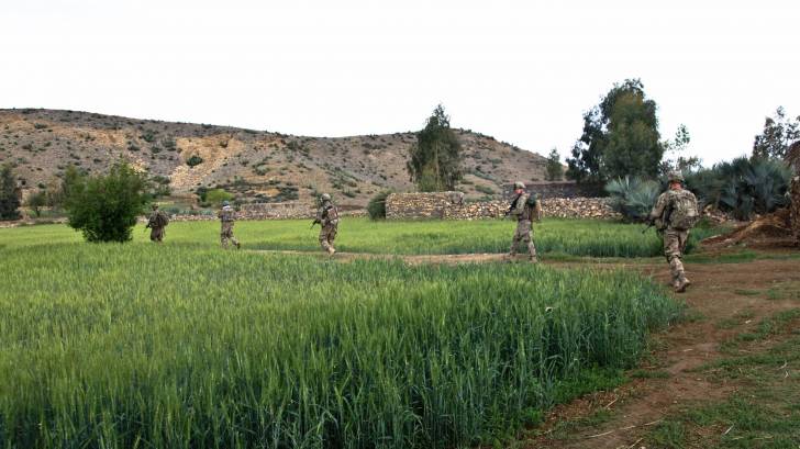 Troops walking through a field